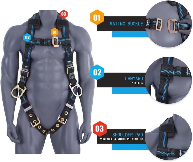 FHFallArrest Safety Harness Fall Protection,Fall Arrest Roofing Harness Safety Kit For Work Approved OSHA ANSI（M/L） - Image 2